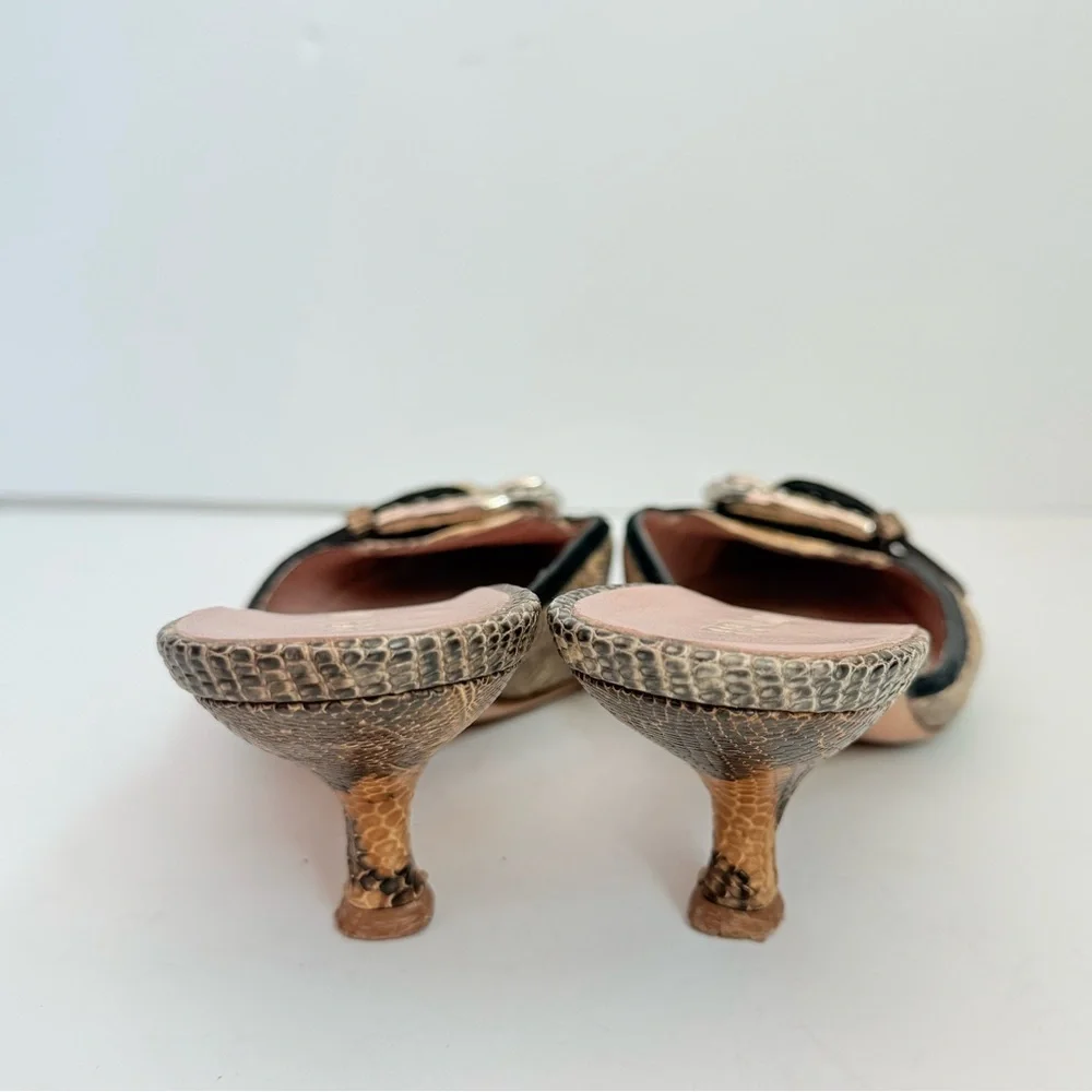 Prada Beige/ Tan Python snakeskin Vintage Buckle Embellished Kitten mules EU37.5 - Picture 5 of 8